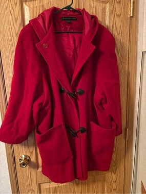Red Hooded Toggle Pea Coat